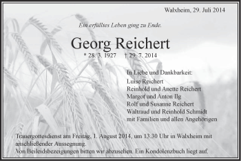 Traueranzeige von Georg Reichert von Schwäbische Post