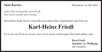 Traueranzeige von Karl-Heinz Friedl von Gmünder Tagespost