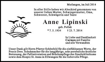 Traueranzeige von Anne Lipinski von Gmünder Tagespost