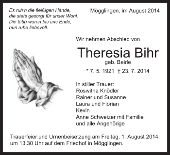 Traueranzeige von Theresia Bihr von Gmünder Tagespost