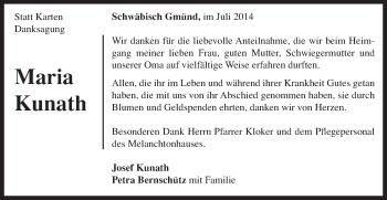 Traueranzeige von Maria Kunath von Gmünder Tagespost