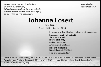 Traueranzeige von Johanna Losert von Gmünder Tagespost
