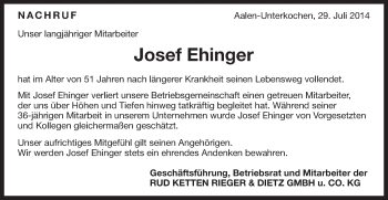 Traueranzeige von Josef Ehinger von Schwäbische Post