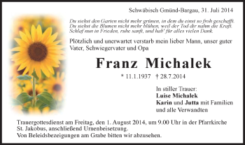 Traueranzeige von Franz Michalek von Gmünder Tagespost