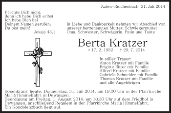 Traueranzeige von Berta Kratzer von Schwäbische Post