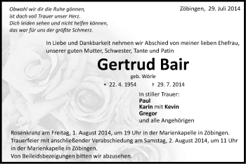 Traueranzeige von Gertrud Bair von Schwäbische Post