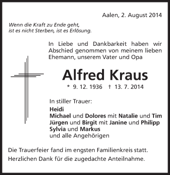 Traueranzeige von Alfred Kraus von Schwäbische Post