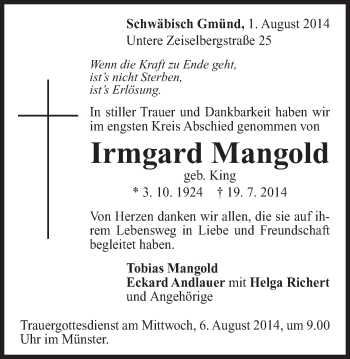 Traueranzeige von Irmgard Mangold von Gmünder Tagespost