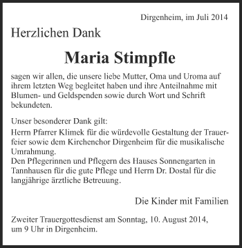 Traueranzeige von Maria Stimpfle von Schwäbische Post
