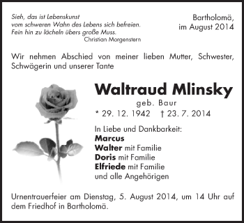Traueranzeige von Waltraud Mlinsky von Gmünder Tagespost