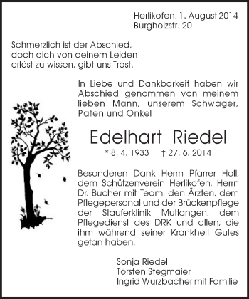 Traueranzeige von Edelhart Riedel von Gmünder Tagespost