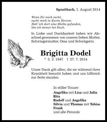 Traueranzeige von Brigitta Dodel von Gmünder Tagespost