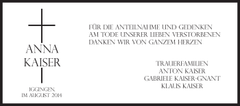 Traueranzeige von Anna Kaiser von Gmünder Tagespost