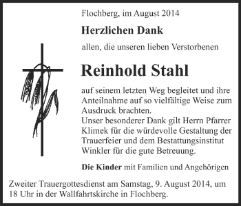 Traueranzeige von Reinhold Stahl von Schwäbische Post