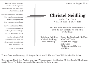 Traueranzeige von Christel Seidling von Schwäbische Post
