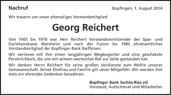 Traueranzeige von Georg Reichert von Schwäbische Post