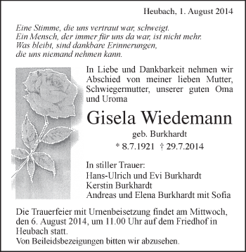 Traueranzeige von Gisela Wiedemann von Gmünder Tagespost