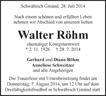 Traueranzeige von Walter Röhm von Gmünder Tagespost