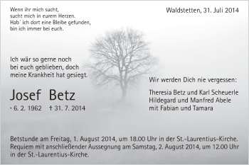 Traueranzeige von Josef Betz von Gmünder Tagespost