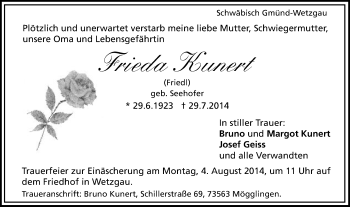 Traueranzeige von Frieda Kunert von Gmünder Tagespost