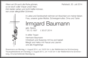 Traueranzeige von Irmgard Baumann von Schwäbische Post