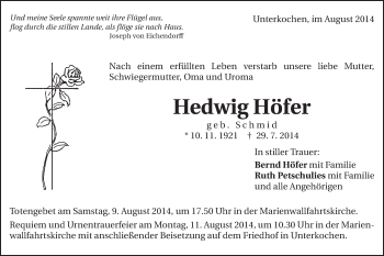Traueranzeige von Hedwig Höfer von Schwäbische Post