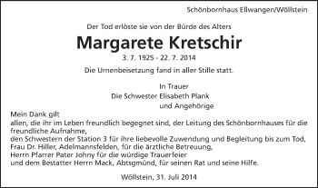 Traueranzeige von Margarete Kretschir von Schwäbische Post