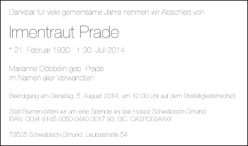 Traueranzeige von Irmentraut Prade von Gmünder Tagespost