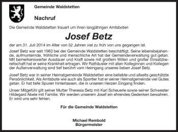Traueranzeige von Josef Betz von Gmünder Tagespost