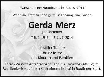 Traueranzeige von Gerda Merz von Schwäbische Post