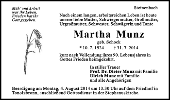 Traueranzeige von Martha Munz von Gmünder Tagespost