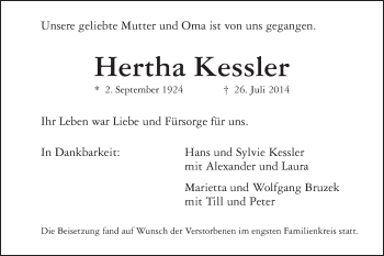 Traueranzeige von Hertha Kessler von Schwäbische Post