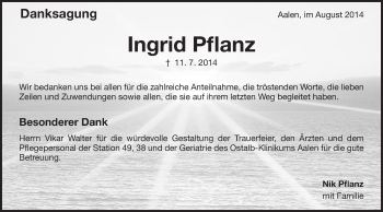 Traueranzeige von Ingrid Pflanz von Schwäbische Post
