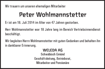 Traueranzeige von Peter Wohlmannstetter von Gmünder Tagespost