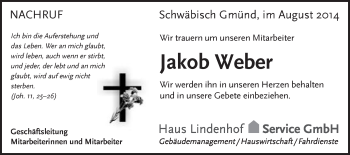 Traueranzeige von Jakob Weber von Gmünder Tagespost