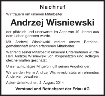 Traueranzeige von Andrzej Wisniewski von Schwäbische Post