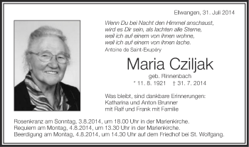 Traueranzeige von Maria Cziljak von Schwäbische Post