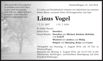 Traueranzeige von Linus Vogel von Schwäbische Post