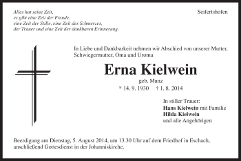 Traueranzeige von Erna Kielwein von Gmünder Tagespost