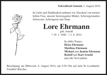 Traueranzeige von Lore Ehrmann von Gmünder Tagespost