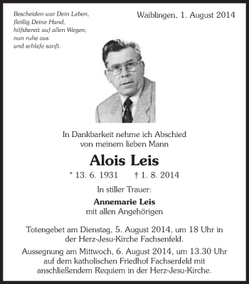 Traueranzeige von Alois Leis von Schwäbische Post