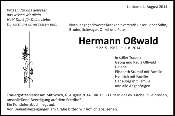 Traueranzeige von Hermann Oßwald von Schwäbische Post