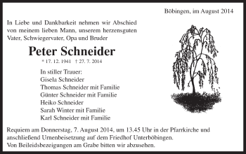 Traueranzeige von Peter Schneider von Gmünder Tagespost