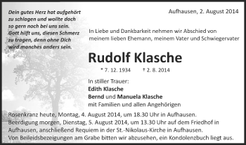 Traueranzeige von Rudolf Klasche von Schwäbische Post