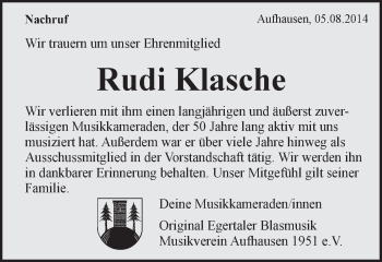 Traueranzeige von Rudi Klasche von Schwäbische Post