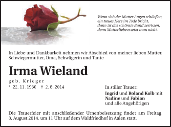 Traueranzeige von Irma Wieland von Schwäbische Post