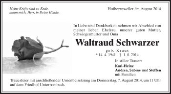 Traueranzeige von Waltraud Schwarzer von Schwäbische Post