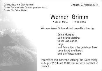 Traueranzeige von Werner Grimm von Gmünder Tagespost