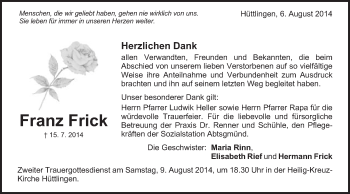 Traueranzeige von Franz Frick von Schwäbische Post