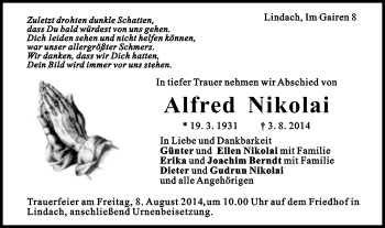Traueranzeige von Alfred Nikolai von Gmünder Tagespost
